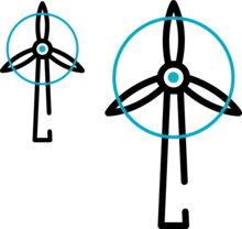 Two teal circles, one small and one larger, connected by curved lines.