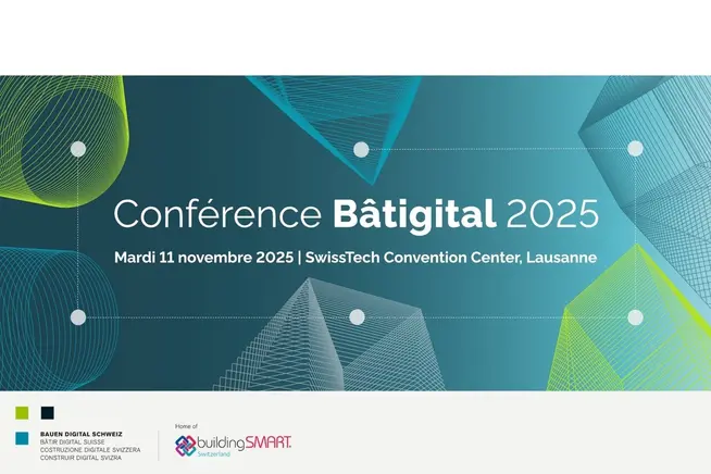 Konferenz-Banner für Bâtigital 2025, mit geometrischen Formen und Datum.