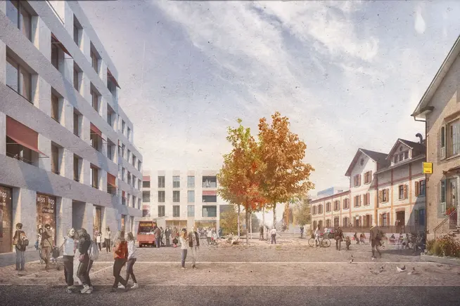 Städtische Szene mit modernen Gebäuden, Bäumen und Menschen auf einem Platz im Herbst.